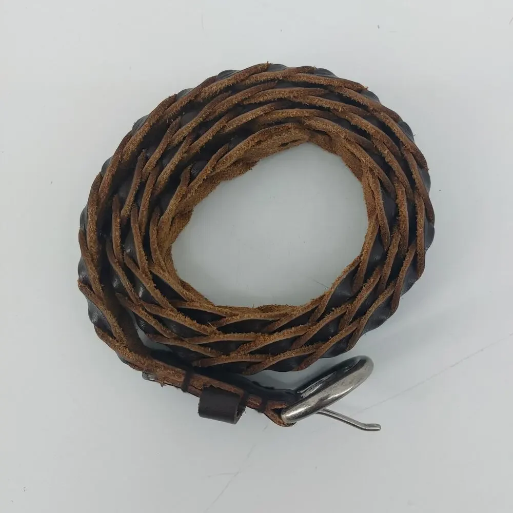 Brown Womens Sz M/L Leather Belt Braided Silver Tone Buckle